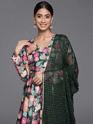 Varanga WomenWomen Green Floral Printed Angrakha Style Anarkali Kurta Paired With Dupatta